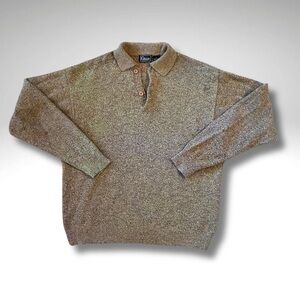 VTG Taupe Heathered Wool Blend Textured Knit Polo Sweater XL
